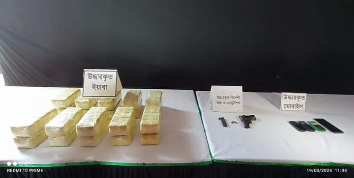 RAB officers showcasing seized Gold and firearms in Cox's Bazar